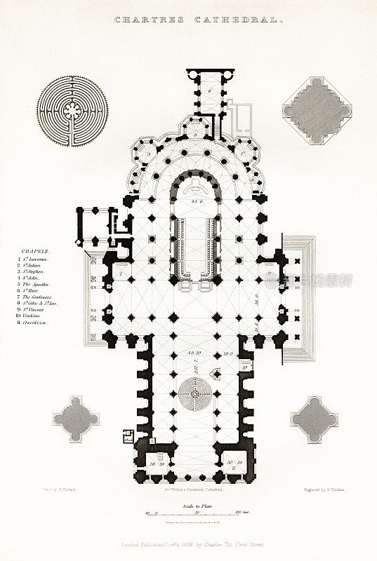 法国大教堂，沙特尔大教堂，鲁昂，法国，古董法国版画，1837年