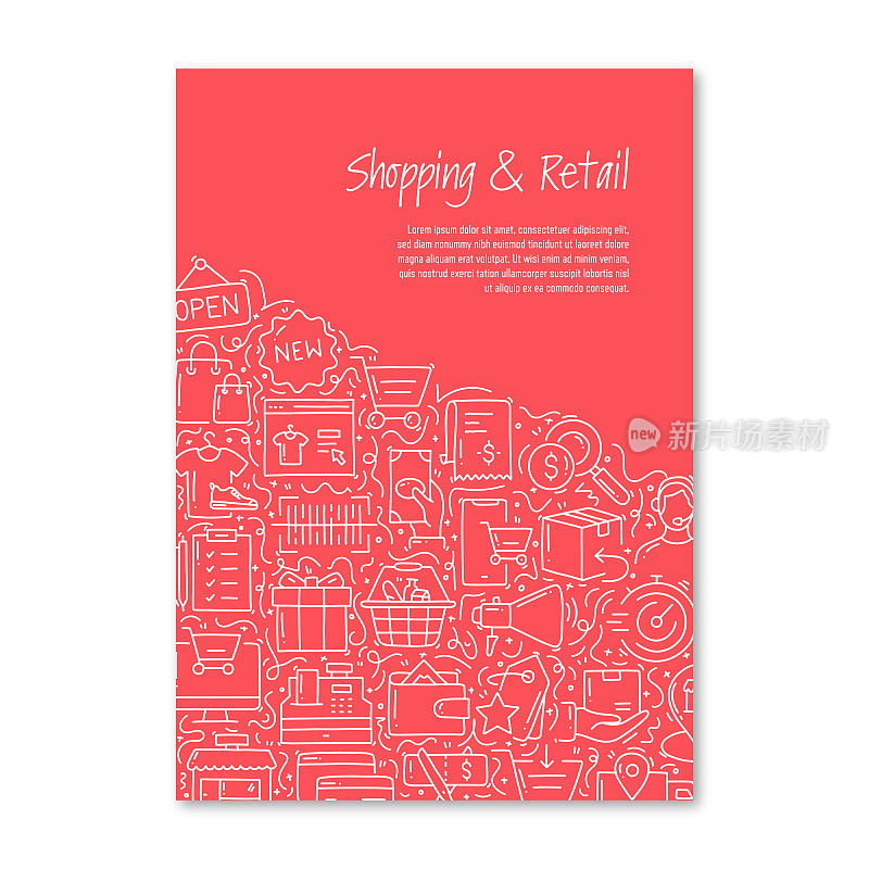 购物和零售相关的对象和元素。手绘矢量涂鸦插图集合。海报，封面模板与不同的购物和零售对象