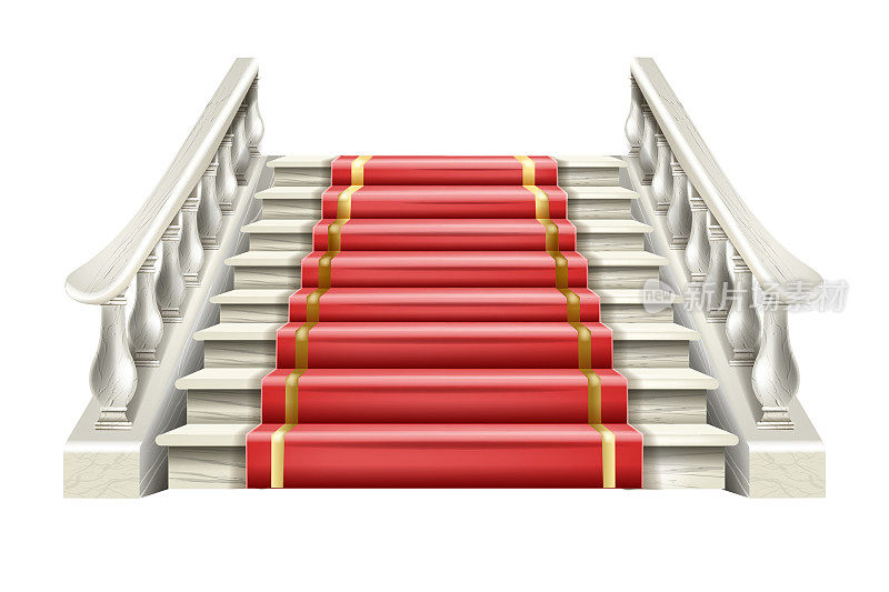大理石楼梯矢量插图，红地毯，3D白色石材楼梯，建筑内部元素。宫殿栏杆，古典剧院栏杆隔离在白色，希腊装饰。大理石楼梯