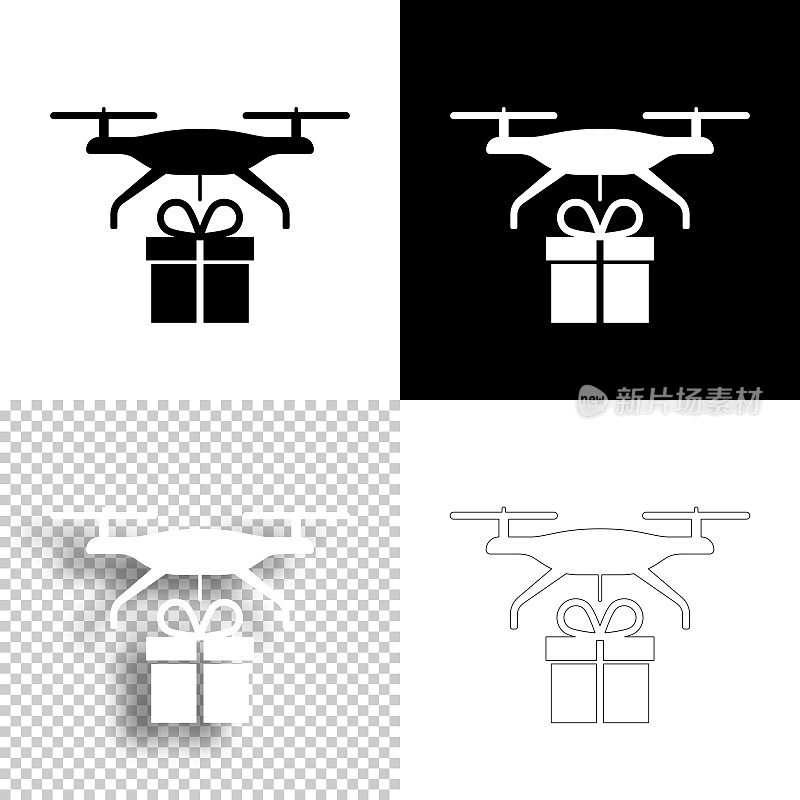 送礼物的无人机。图标设计。空白，白色和黑色背景-线图标