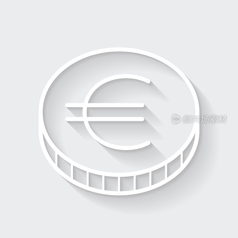 欧元硬币。图标与空白背景上的长阴影-平面设计