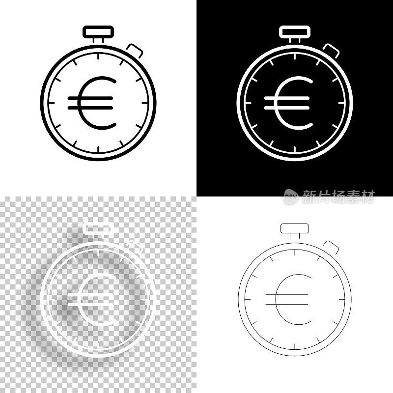 带欧元标志的秒表。图标设计。空白，白色和黑色背景-线图标