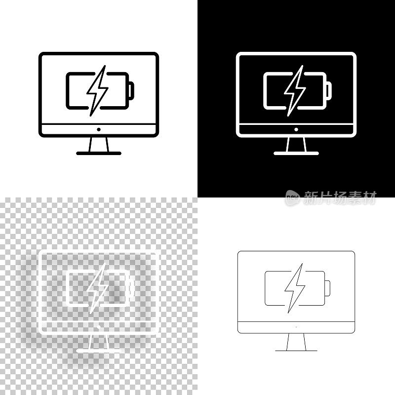带电池充电符号的台式电脑。图标设计。空白，白色和黑色背景-线图标