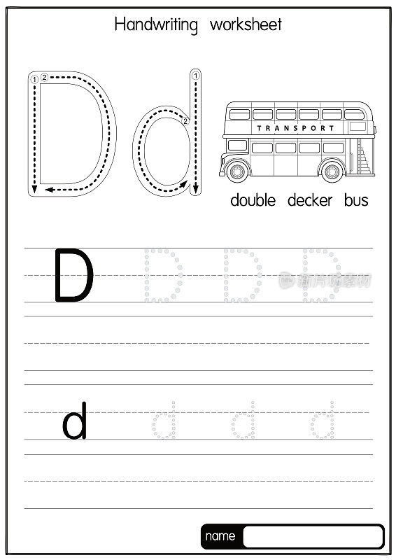 矢量图例双层巴士与字母D大写字母或大写字母的儿童学习练习ABC