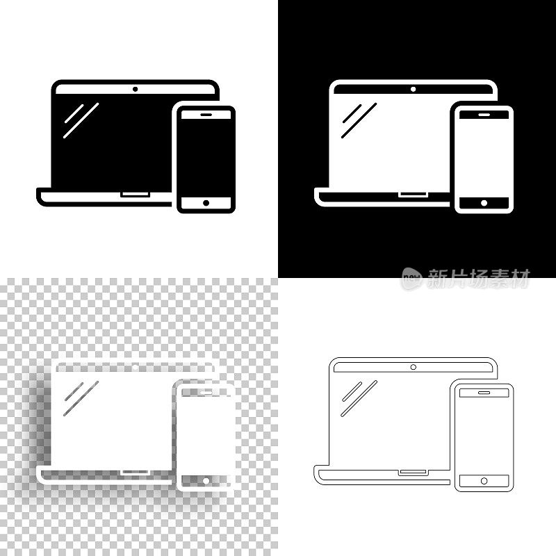 笔记本电脑和智能手机。图标设计。空白，白色和黑色背景-线图标