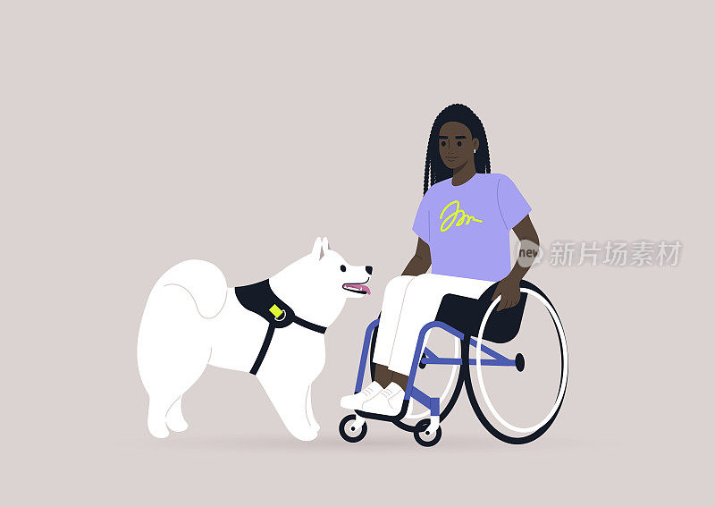 一个年轻的非洲女性角色在轮椅上与一只小狗玩耍，一个友谊的概念