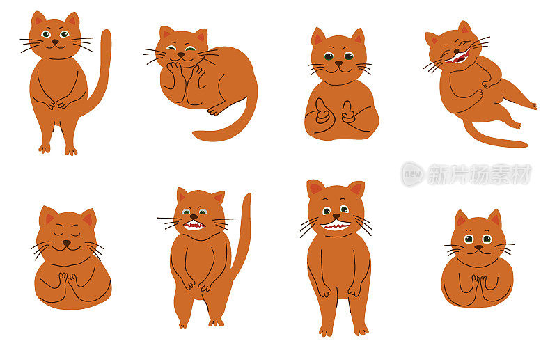 一组有着不同情感的红猫，手绘风格。