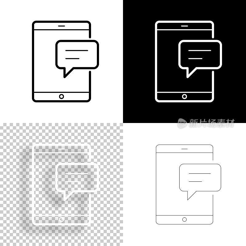 带语音泡泡的平板电脑。图标设计。空白，白色和黑色背景-线图标