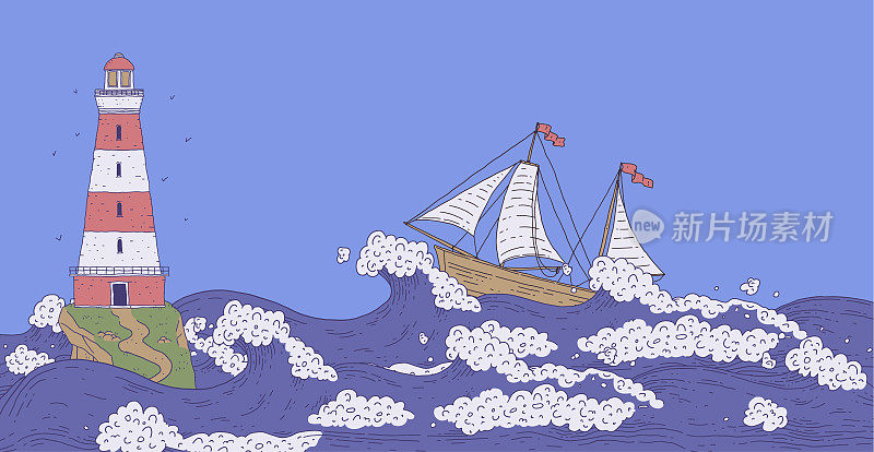 暴风雨的海浪中，岩石上的船、帆船和灯塔。景观与信号塔探照灯与红色条纹和水横幅设计。矢量线涂鸦插图。