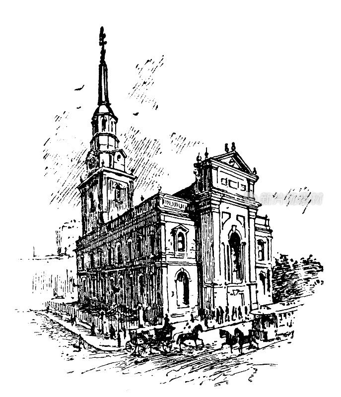 美国，宾夕法尼亚地标和公司的古董插图:费城，基督教堂