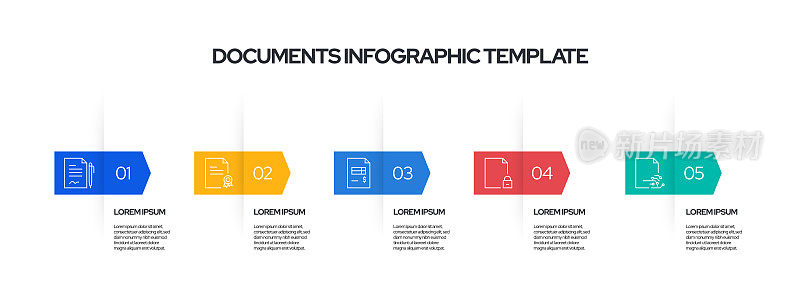 文档信息模板。线图标设计与数字5选项或步骤。工作流程布局、图表、年报、网页设计等信息图形设计。