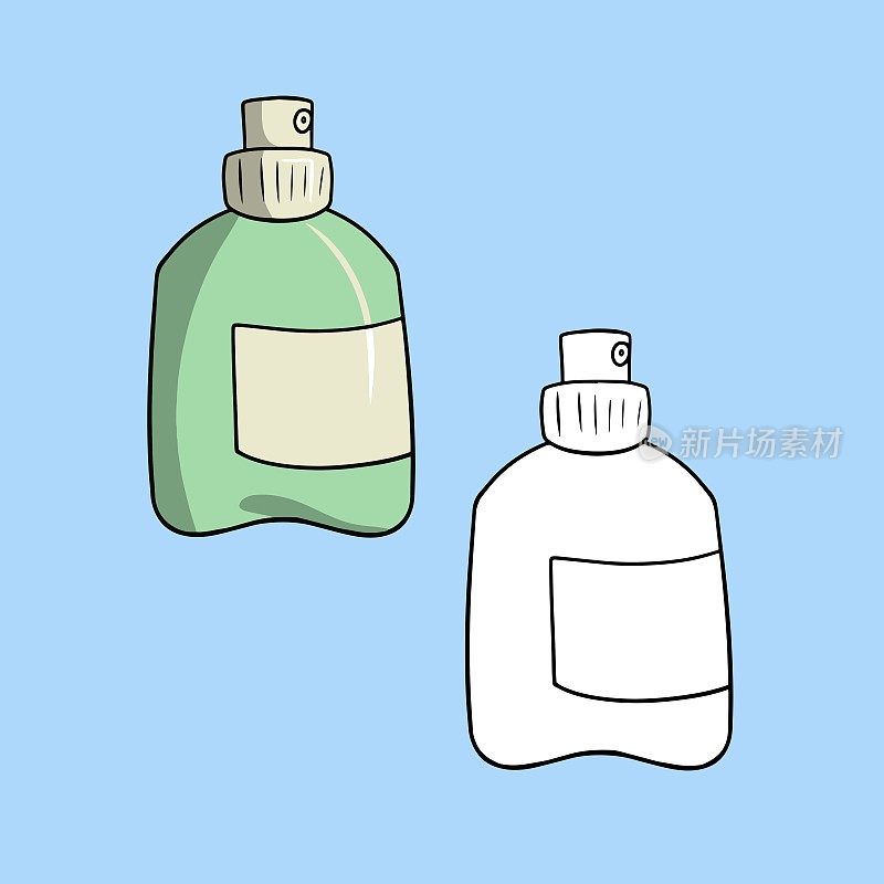 一组图片，一个绿色的塑料瓶，一个喷雾瓶，一个卡通风格的矢量插画
