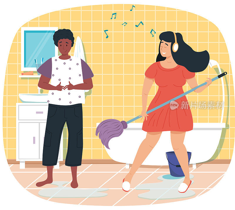 戴着耳机的女孩唱歌，洗地板。女人像弹吉他一样弹拖把。女朋友在浴室
