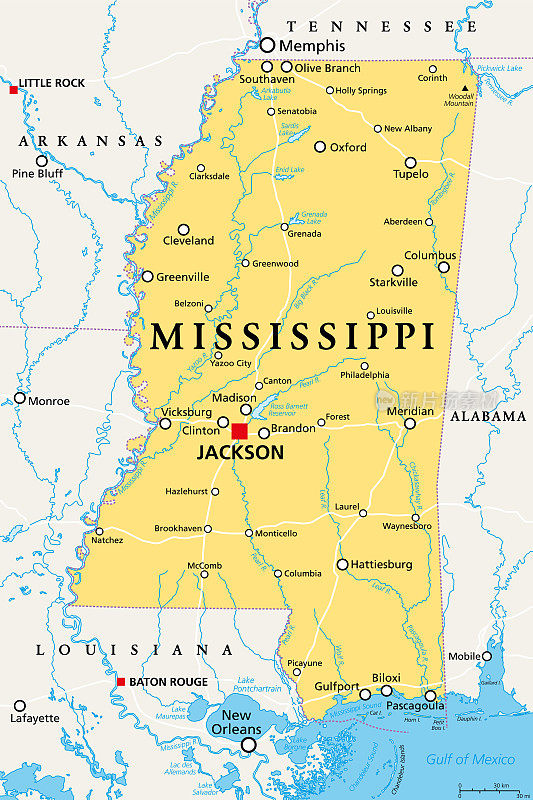 密西西比州，MS，政治地图，美国，绰号木兰州