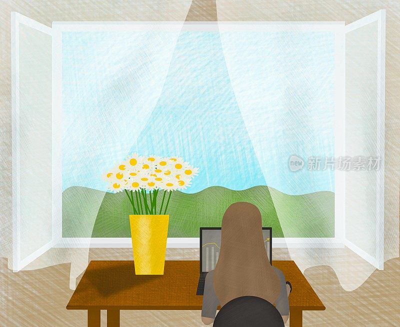 一个女人坐在开着的窗户前的笔记本电脑前。