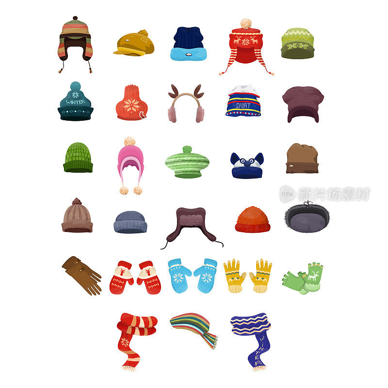 一套各种冬天温暖的羊毛帽子。带绒球的针织帽，有趣的帽子，时髦的头饰。平面矢量插图。