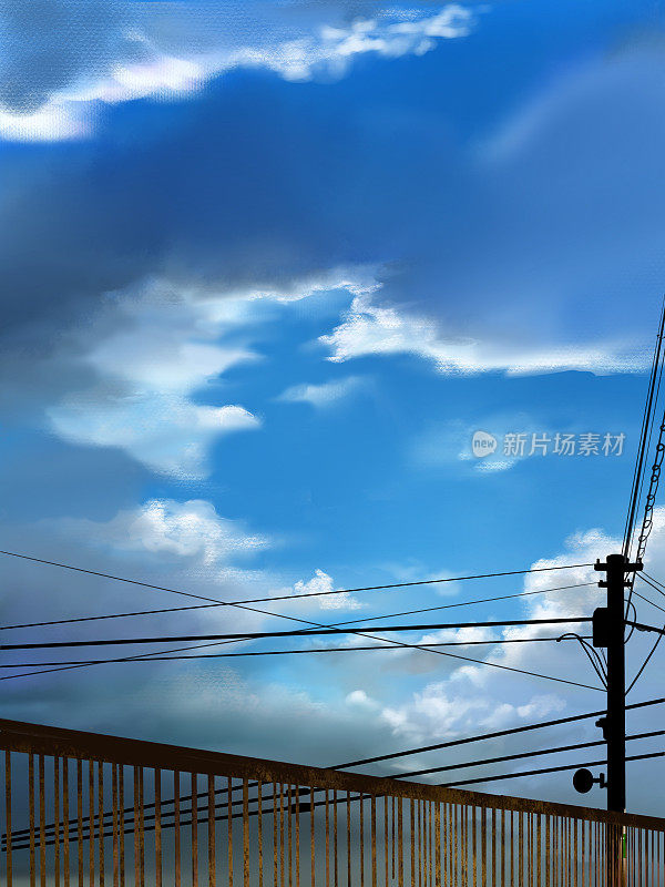生锈的人行天桥，公用电线杆，夏天的天空和从下面仰望的云的剪贴艺术风景