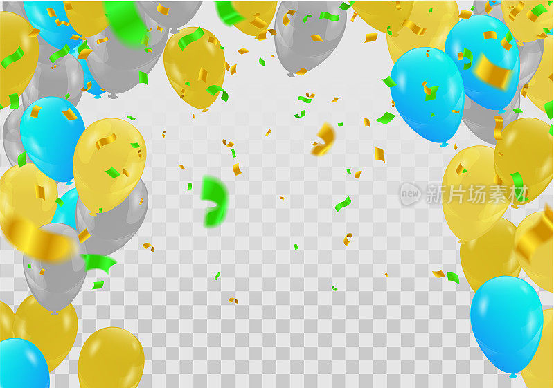 生日快乐文字与金色的五彩纸屑下落和闪光的颗粒，彩色的飞行气球无缝循环动画的问候，邀请卡，聚会，庆祝，丝带闪亮的海报。多色周年插图。