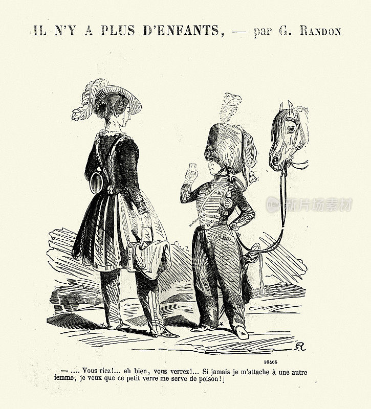 复古漫画，Vivandiere或cantiniere给一个打扮成士兵的男孩喝饮料，法国，19世纪60年代，19世纪
