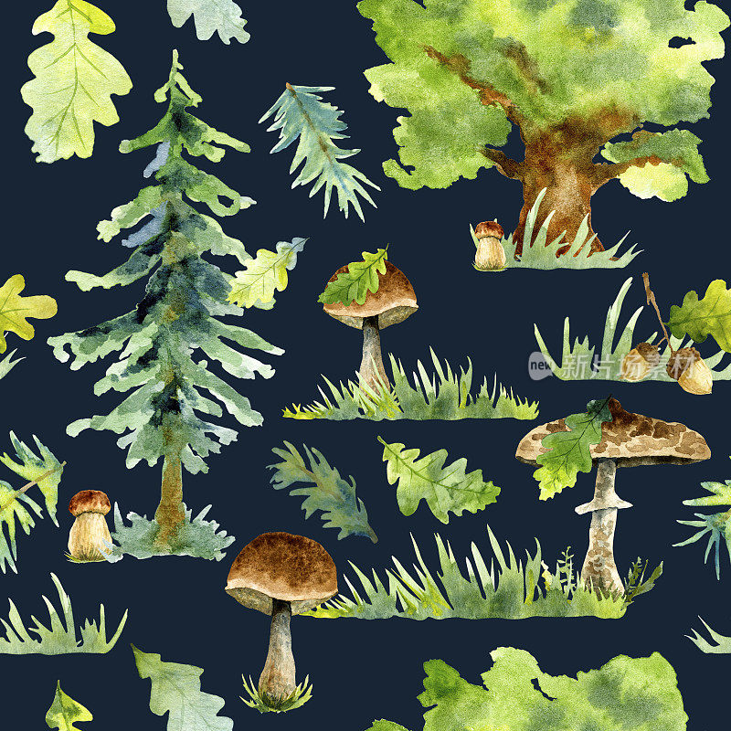 水彩画棕色蘑菇毛皮和橡树。无缝的图案，蓝色的背景