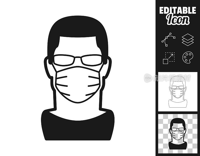 戴医用口罩的男子。图标设计。轻松地编辑