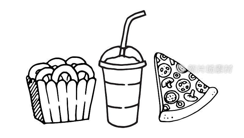脆洋葱圈，饮料和披萨插画