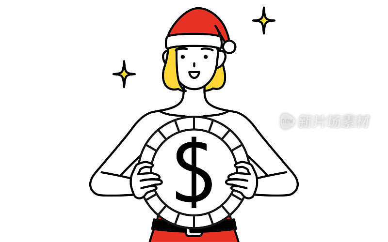 简单的线条插画，一个女人打扮成圣诞老人，与外汇收益和美元升值的图像。