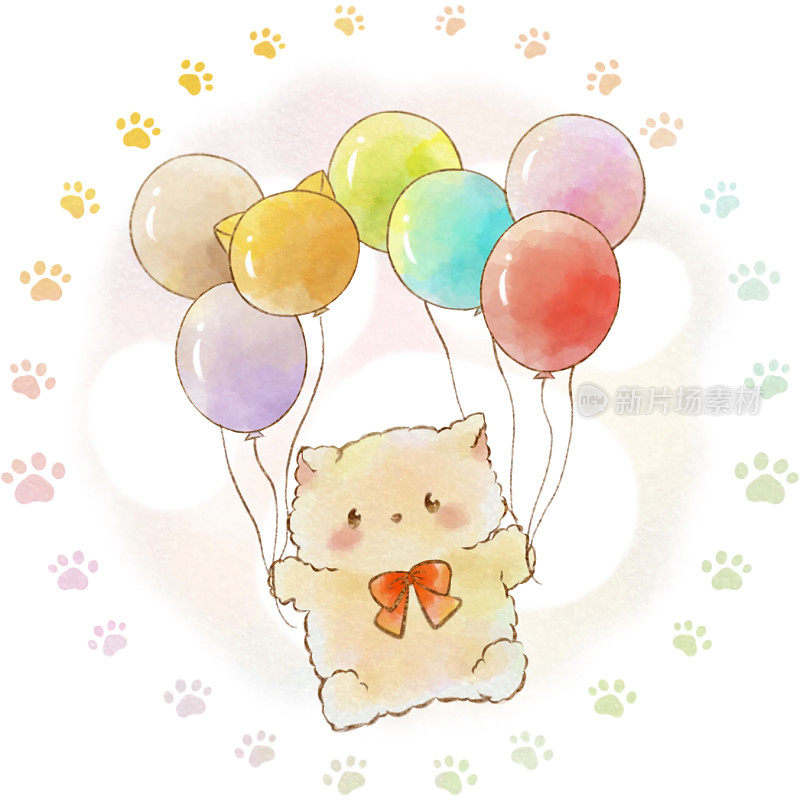 一分插画素材:猫与彩色气球飞翔(手绘水彩画风格)