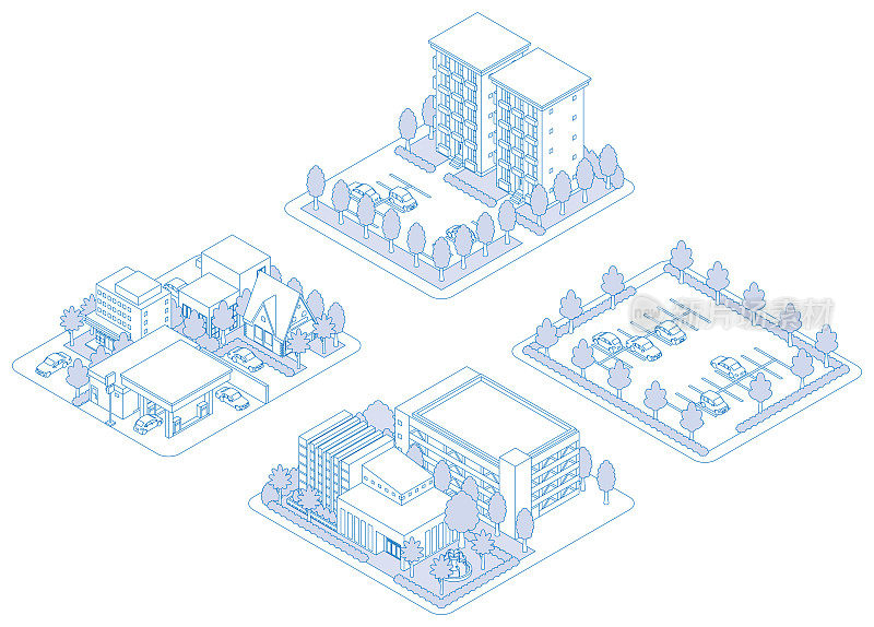 建筑物的三维插图。城市的观点。线条插画。