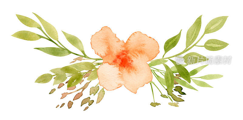 水彩抽象橙花与绿叶。手工绘制的花束插图，用于贺卡或婚礼请柬。孤立背景上的植物图。的草图。