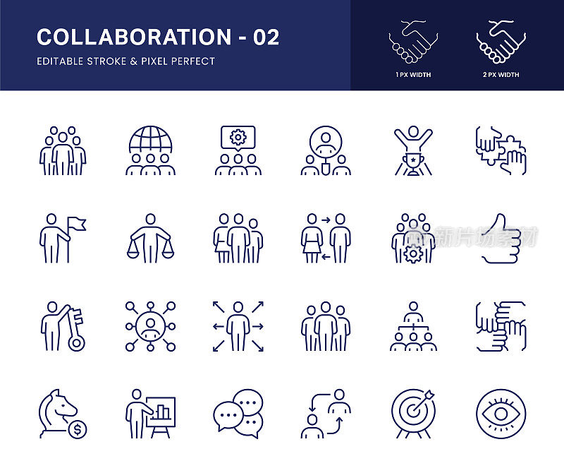 协作线图标。这个图标集由工作组、全球合作伙伴、外包、协调、层次结构、团队凝聚力等组成。