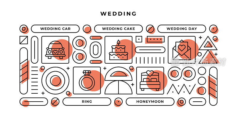 婚礼信息图概念与几何形状和婚车，婚礼蛋糕，婚礼的日子，戒指线图标