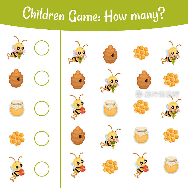 儿童游戏表与可爱的蜜蜂，忙碌的昆虫和天然甜食矢量模板