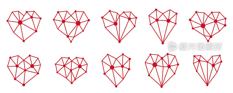 低多边形几何心形矢量图标或标志集，平面设计3d爱情主题元素，多边形立体心形。