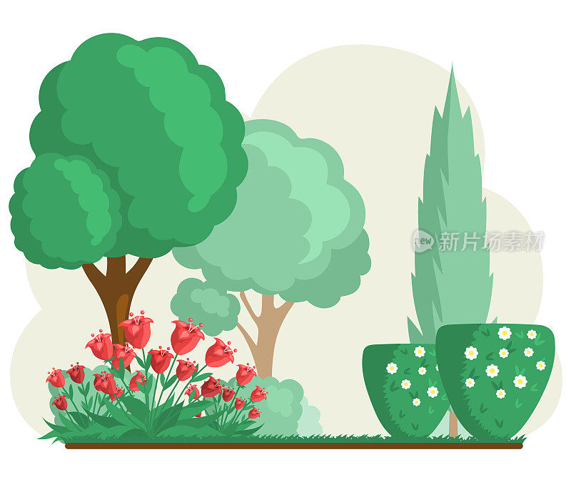 园林绿化，园艺，与植物的概念。有灌木和树木的花园景观