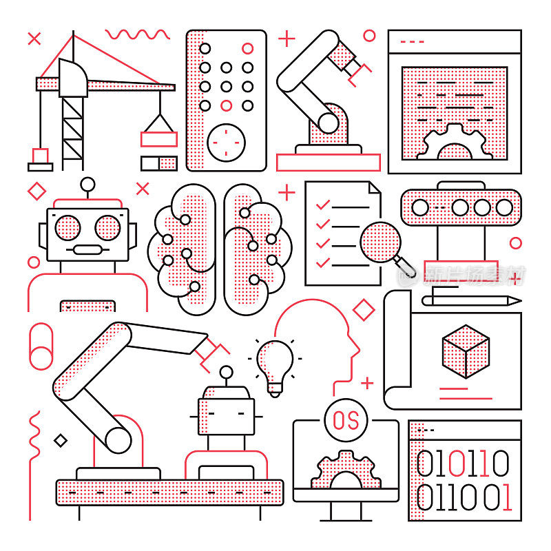 机器人工程网络横幅与线性图标，新潮的线性风格矢量