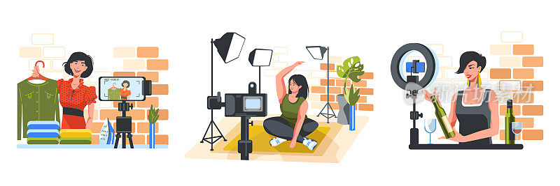视频博客。女性用相机或智能手机记录个人时尚、健身瑜伽和酒宴博客中的视频