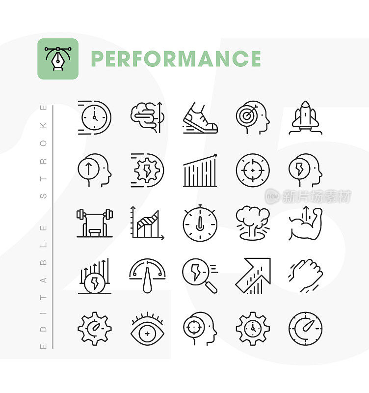 性能线图标设置。可编辑的中风。像素完美。