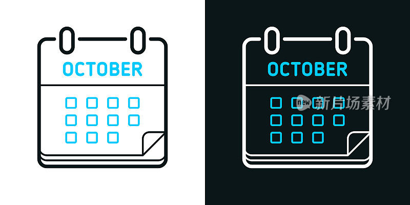 10月日历。黑色或白色背景上的双色线图标-可编辑的笔画