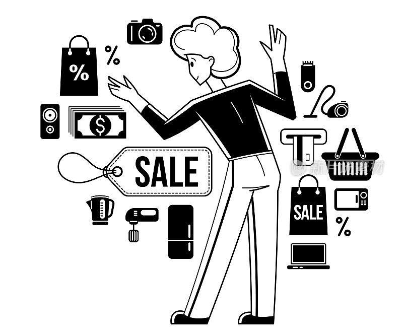 购物和折扣矢量概述说明，店员管理商品或顾客有大的选择和享受便宜的价格，顾问顾问。