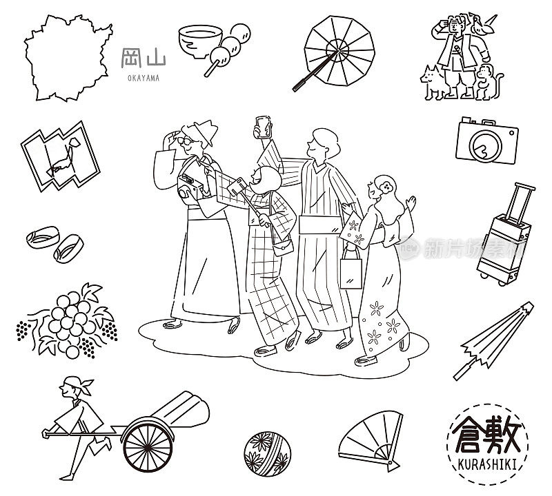 日本冈山仓敷市，一组身穿和服和著名景点标志的外国游客(线描(WB))