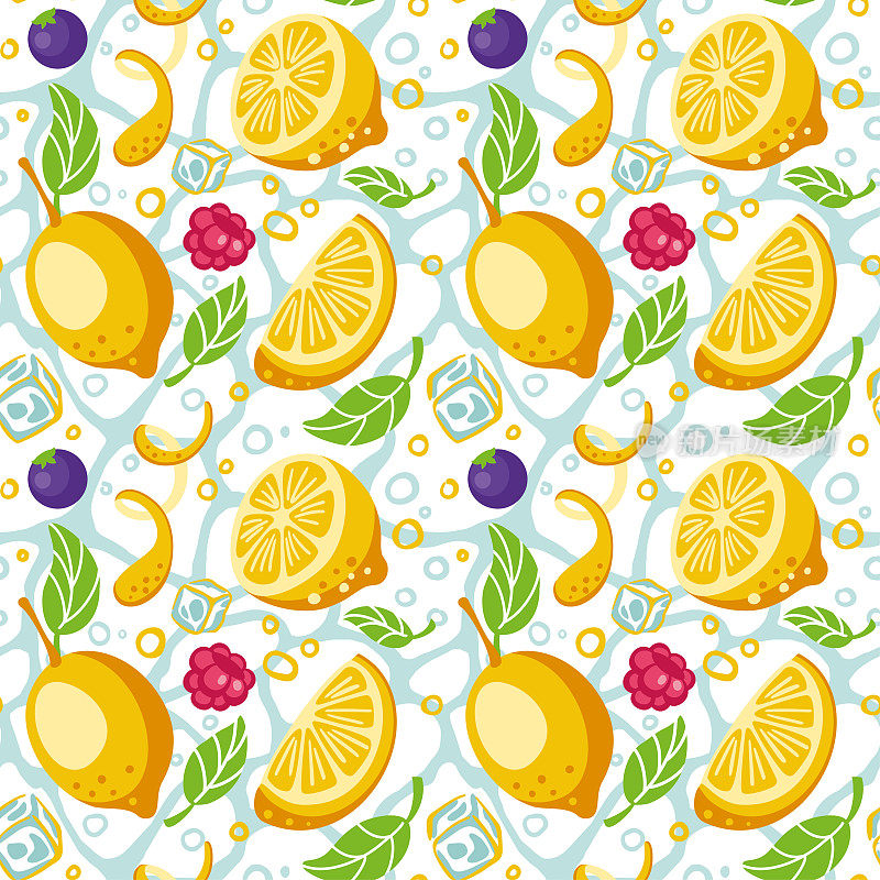 柠檬、蓝莓和覆盆子制成的柠檬水。柠檬片。冰块。新鲜的水果冷饮。向量。