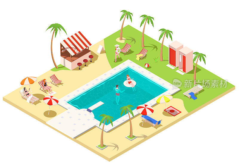 在等距视图的棕榈树附近的豪华酒店。暑假在海洋热带度假胜地。妇女和女孩在日光浴床上享受日光浴。人们在碧水的池子里游泳。矢量图