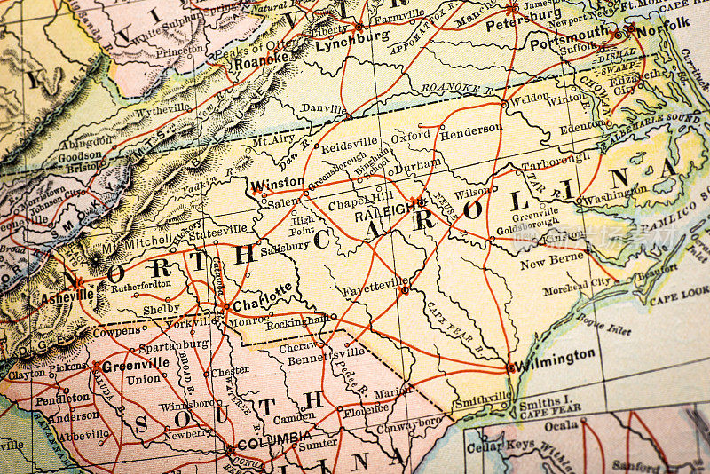 古董地图集地图宏观特写:北卡罗来纳州