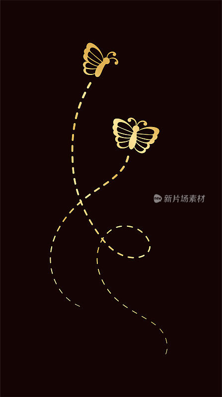 虚线飞行路线的金蝴蝶。优雅的金色蝴蝶痕迹。矢量设计元素的春季和夏季。