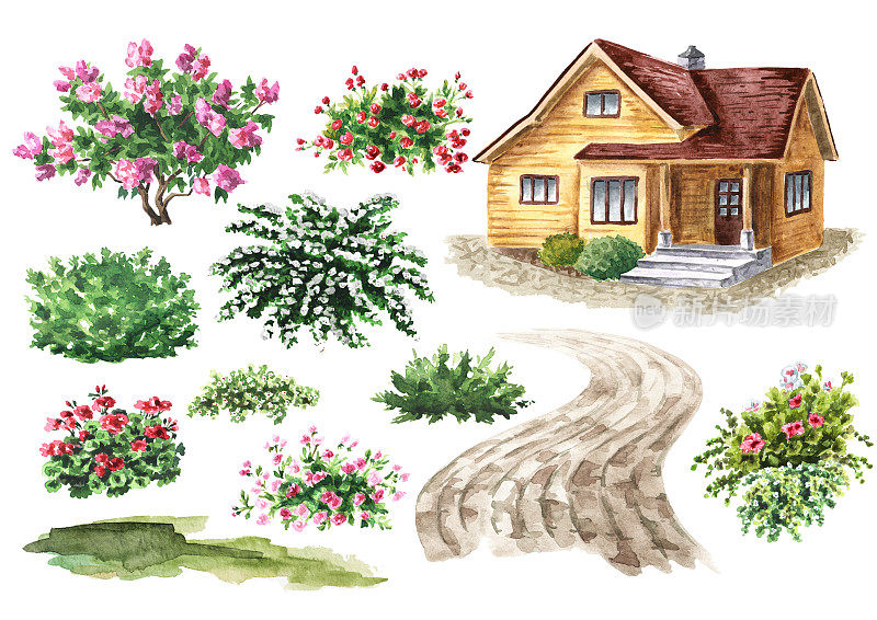 舒适的乡村小屋在花园设置。手绘水彩插图，孤立在白色背景上