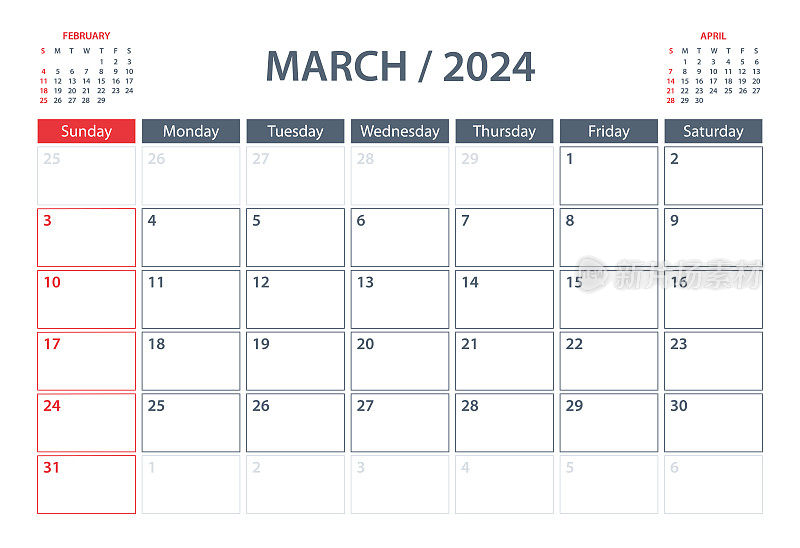 2024年3月日历规划矢量模板。一周从周日开始