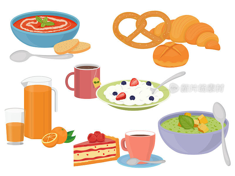 一套六个彩色图像的番茄汤，锅配橙汁，咖啡和蛋糕，香蒜酱汤，粥配茶