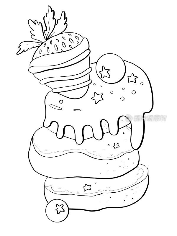 轮廓线插图卡通风格的甜食标志印刷设计元素煎饼与顶部巧克力覆盖草莓特写