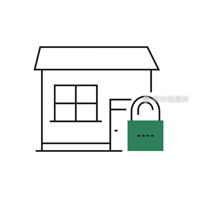 房子图标和颜色锁图标。简单的图标，说明安全和预防措施。